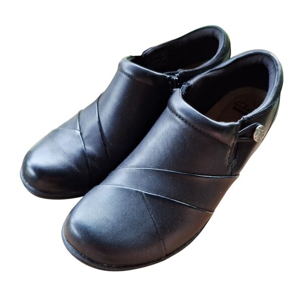 Clarks Black Leather Slip-On Comfort Shoes With Side Zipper & Soft Cushion Insol - Picture 1 of 9